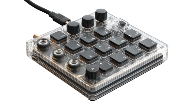 Small, square, transparent enclosure houses a modular synthesizer controller.  Several knobs and buttons are visible.  USB cable connects to device