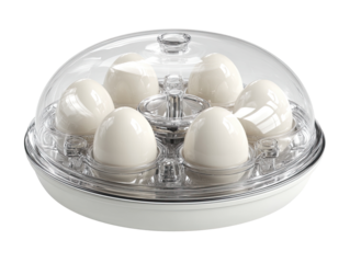 Clear plastic egg cooker with dome lid.  Six eggs nestled in individual wells.  Modern, sleek design