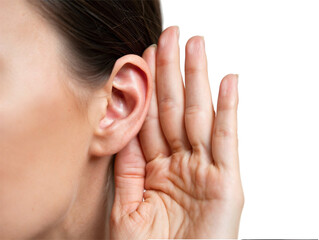 Close up of woman cupping hand to ear to listen carefully on white or transparent background.