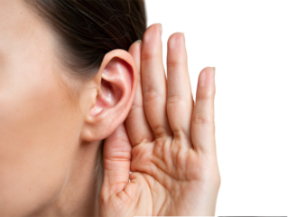 Close up of woman cupping hand to ear to listen carefully on white or transparent background.