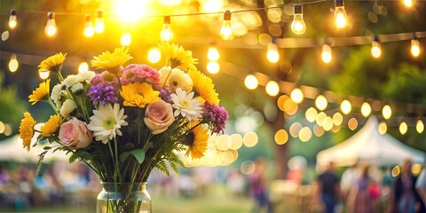 Bouquets festival showcasing diverse flowers under glowing lights in a minimalist setting bouquets, festival, flowers, minimalism, outdoor, gathering, string lights, colorful, display, nature, celebra