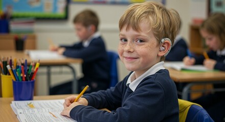 Smiling young boy with hearing aid studying at desk in classroom