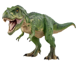 Fototapeta premium Green dinosaur toy plastic model educational element fierce expression open mouth sharp teeth prehistoric animal isolated detailed texture children learning