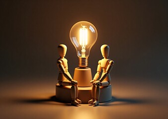 Two wooden figures sit discussing a glowing light bulb, symbolizing shared innovation and the birth of a bright new idea.