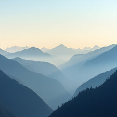Fototapeta premium Panoramic Mountain Landscape with Misty Valleys and Sunrise Light over Blue Ridge Peaks