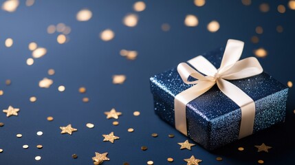A beautifully wrapped gift box sits on a dark surface scattered with golden stars and confetti, creating a festive atmosphere.
