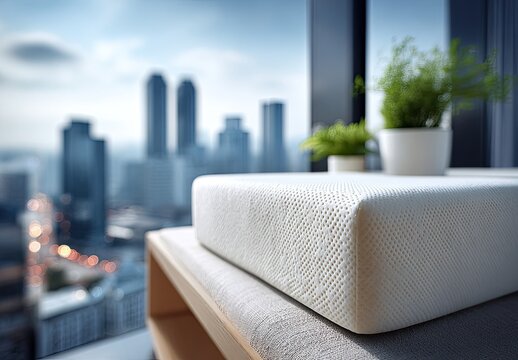 White memory foam mattress on a bench, city view