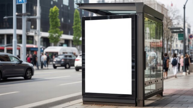 Blank advertising billboard mockup at urban bus stop on city street for outdoor marketing and promotional design.