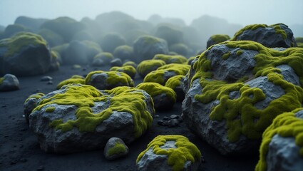 Mossy Rocks with Misty Landscape.
