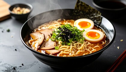 Delicious steaming bowl of ramen noodles with soft boiled eggs, pork, seaweed, and green onions