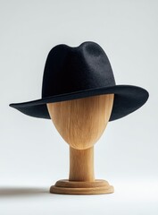 Elegant black fedora hat resting on a light wooden head-shaped display stand against a white backdrop
