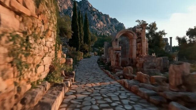 Ancient Ruins Pathway: A sun-drenched cobblestone pathway winds through the remnants of an ancient civilization, inviting exploration of time-worn structures.