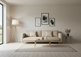 Obraz premium Modern minimalist living room interior design with neutral color palette and natural light creating a cozy and inviting atmosphere for relaxation