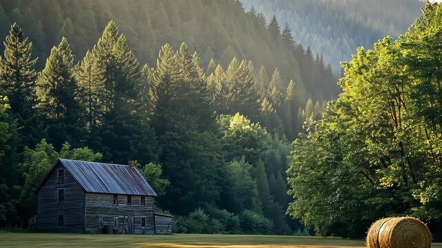 An old wooden house stands in a large field with hay bales while sunlight illuminates the serene mountain landscape and forest backdrop
