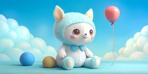 Cute plush doll wearing a blue outfit sits beside colorful balls and a balloon in a bright, cheerful setting doll, plush, cute, blue outfit, balls, balloon, cheerful, whimsical, soft, colorful, sittin