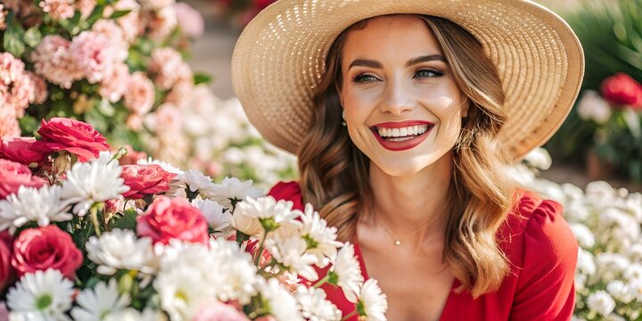 Smiling woman in a flower garden during daytime surrounded by colorful blooms smiling, woman, daytime, roses, daisies, vibrant, blooms, hat, bright, cheerful, nature, outdoor, portrait, happiness, bea