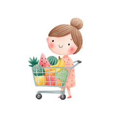 Watercolor Girl Shopping Cart with Fruits Healthy Eating Concept.
