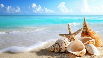 Tropical beach scene with seashells and starfish
