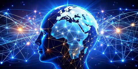 Global connectivity visualized through an abstract representation of a human head with network lines and the world map global, connectivity, network, world map, technology, human brain, abstract, digi