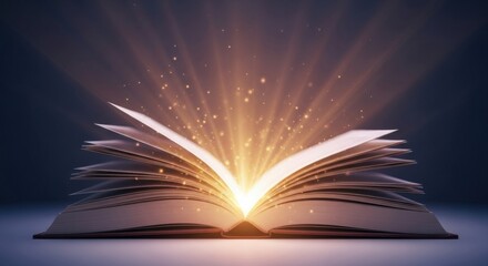 An open storybook with fanned-out pages releases a brilliant explosion of magical light and shimmering particles. A concept for creativity, fantasy, and enlightening knowledge.