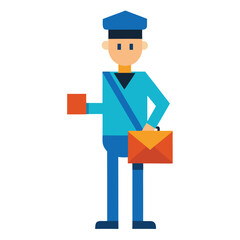 Friendly flat vector illustration of a smiling postman wearing a uniform carrying a large leather mailbag full of letters isolated on a clean white background