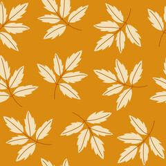Botanical seamless pattern with hand drawn beige leaves on a orange background. Minimal print with colorful foliage for decorative design. Textile vector design. 