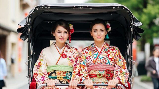 東京・浅草を着物で人力車観光する外国人