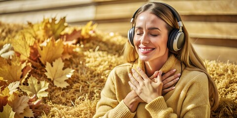 Listening to music in autumn leaves while feeling grateful for good times and moments of joy music, headphones, autumn, leaves, outdoor, woman, joy, gratitude, sunlight, cozy, moment, nature, relaxati