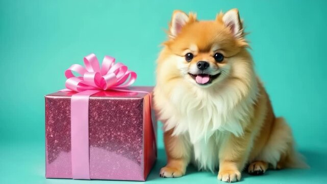 Pomeranian spitz next to pink gift with bow