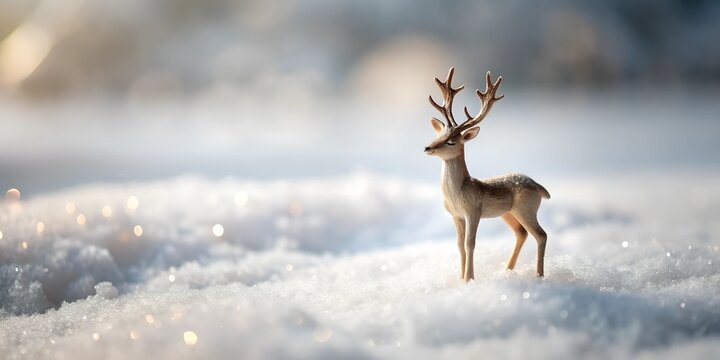 Tiny reindeer figurine stands on a snowy surface, creating a serene winter atmosphere reindeer, figurine, snow, winter, decoration, miniature, wildlife, holiday, nature, serene, small, white, ice, bea