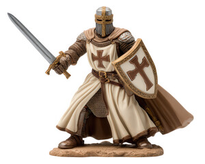 Fototapeta premium Medieval knight figurine plastic model toy armor sword shield cross brown white standing battle historic detailed collectible miniature chainmail helmet cape warrior crusader action fantasy