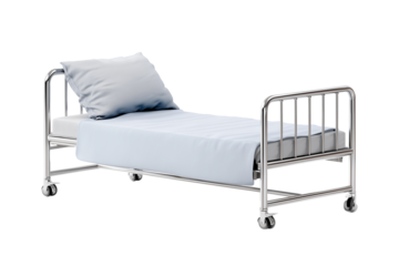 Minimalist patient bed with pillow and light blue sheet in a simple hospital room on transparent or white background