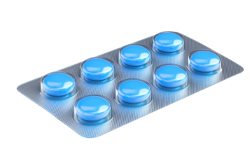 Blister pack of blue pills arranged neatly on a clean, on transparent or white background