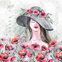 A happy woman, a girl in a hat, with red flowers, poppies, illustration on a flowers background. Girl's face with flowers on a hat, watercolor illustration