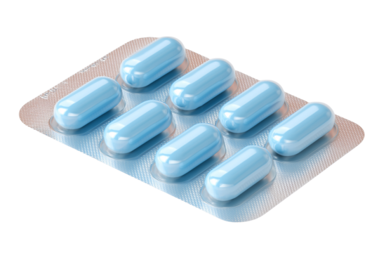 Blister pack of blue capsules on transparent or white background