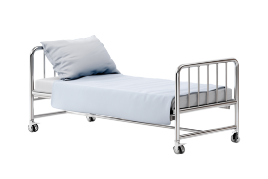 Minimalist patient bed with pillow and light blue sheet in a simple hospital room on transparent or white background