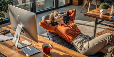 Woman relaxing in an office space during her break, enjoying a moment of peace and tranquility at work woman, office, relaxing, break, workspace, resting, tranquility, sunlight, chair, desk, comfort, 