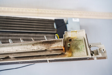 Dirty indoor air conditioning unit shows neglect and need for maintenance