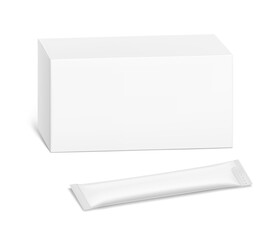 Fototapeta premium Blank package stick mockup with paperboard box mockup. Flat lay view. Vector illustration isolated on white background. Can be use for food, cosmetic, medicine and etc. EPS10.