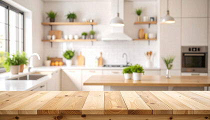 wooden top table with blurry background kitchen set modern