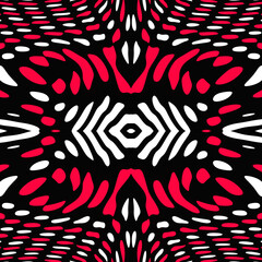 Symmetrical Abstract Design With Red And White Shapes Against Black Background