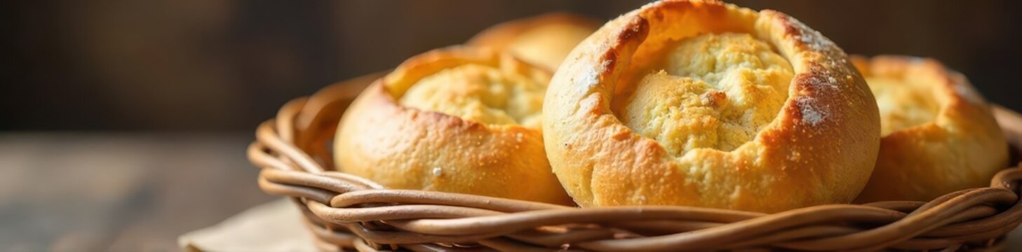 Warm hallulla bread in a woven basket, selective focus ,  photography,  basket