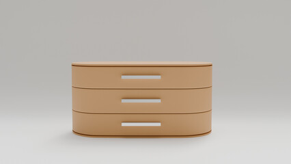 3D model of brown oval chest of drawers with three drawers and isolated on white background, minimalist piece of furniture for interior, design