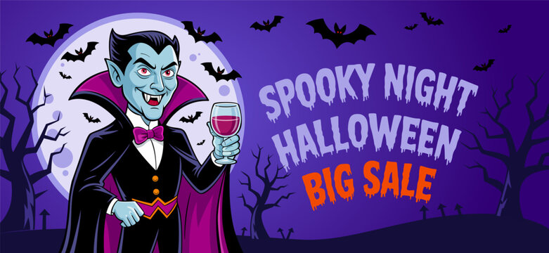 Halloween sale banner template. Vampire costume. Halloween promotion poster sale banner design. Halloween sale poster template. Halloween discount with vampire in a spooky Halloween night sale