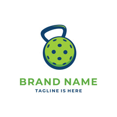 The creative logo combines a kettlebell and a pickleball ball, representing strength, fitness, and modern racket sports.