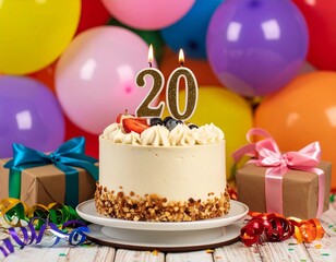 Luxury in the Details: Birthday cake with gold foil, floating balloons, and gifts