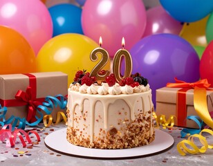 birthday cake with candles and balloons