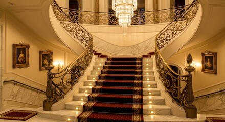 Fototapeta premium Elegant Marble Staircase with Red Carpet and Ornate Gold Railings and Chandelier