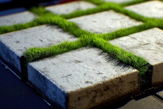 Close-up of patterned paving stones with grass