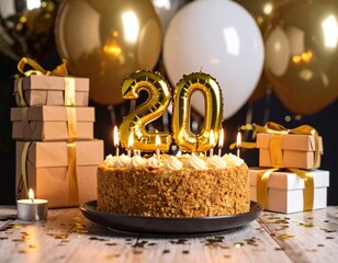 Golden 20th Birthday: A luxury cake with elegant decor and gifts